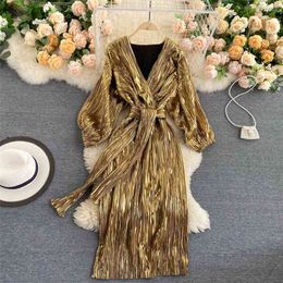 Ins Fashion Retro Dress Autumn Women V-neck Lace Up High Waist Long Sleeve Elegant Vestidos P614 210527