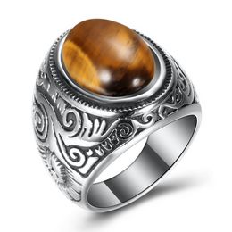 Ancient Silver Stainless Steel Tiger eye Turquoise Stone Ring Band Retrol Floral Solitaire Chunky Rings for Men Women Fashion Jewellery Will and Sandy