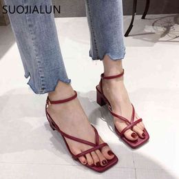 SUOJIALUN 2020 Ankle Strap Women Sandals Summer Fashion Narrow Band Dress Shoes High Square Heel Ladies Gladiator Sandal Shoes C0407