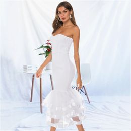 Women Party White Tube Dress Off Shoulder Sexy Patchwork with Mesh Clubwear Dinner Evening Slim Bodycon Femme Package Hip Robes 210416