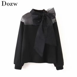 Women Elegant Organza Patchwork Sweatshirt Fashion Bow Tie Collar Black Pullover Hoodie Stylish Long Sleeve Casual Tops 210414