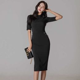 Fashion Elegant Pure Color with Button Office Work vestidos Business Formal Bodycon Women Pencil Dress 210529