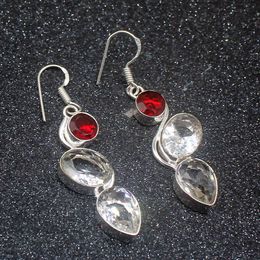 Glowing Shiny WhiteTopaz Red Garnet Silver Colour For Women Drop Dangle Earrings 2 1/8 Inch HD610