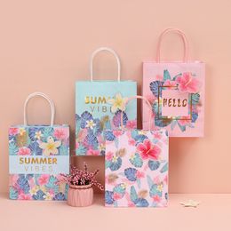 Kraft Paper Tote Bag Cartoon Flowers Thank You For You Letter Patterns Holiday Mother Day Birthday Party Favours Bags with Handle