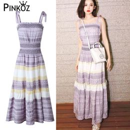 summer midi dress purple printed cotton spaghetti strap camisole holiday beach casual long dresses for women lady femme 210421