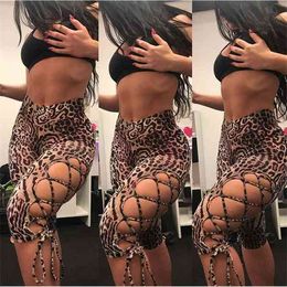 OMSJ 2019 Hot Sexy Cut Out High Waist Buckle Biker Shorts Womens Stretchy Leopard Print Slim Sporty Buckle Bandage Shorts Q0801