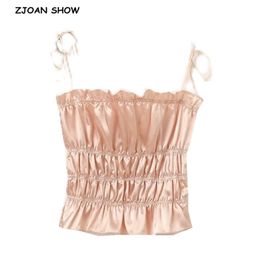 Sexy Elastic Ruched Stain Crop Tops Women Summer Camis Lacing up Bandage Spaghetti Strap Ladies Fold Club Tank Top 210407