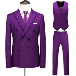 ( Jacket + Vest + Pants ) Groom Wedding Dress Double Breasted Solid Colour Mens Slim Suit 3Pces Set Formal Stage Tuxedo Social X0909