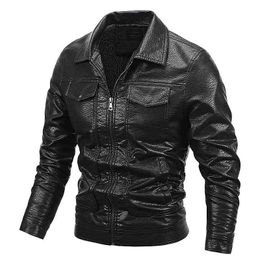 Autumn Winter Fleece Leather Jacket Men Solid Color Turn Down Collar Zipper Motorcycle Jacket Mens Casual Biker Jacket Coats Man Y1122