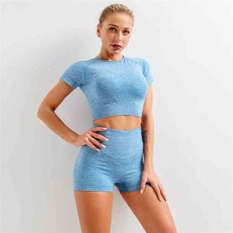 6 Colors Yoga Set Sport suit Women clothing Seamless Short Sleeve Crop Top T-Shirt Leggings Summer Run Workout Gym Suit 210813