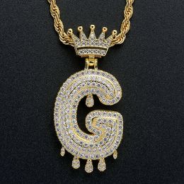 A Z Water Drop English Initial Crown Necklace Jewellery Se Cubic Zirconia 18k Gold Letter Diamond Pendant Hip Hop Necklaces Bling for Women Men Stainless Steel Chain
