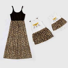 Summer Mommy and Me Solid Stitching Leopard Tank Dresses 210528