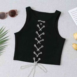 Casual Women O Neck Solid Colour Bow Lace Vest Summer Fashion Ladies High Street Cool Female Short Chain Top 210430