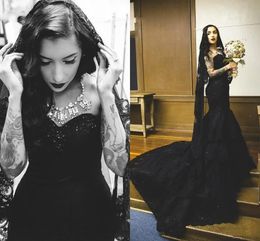 Black Gothic Mermaid Wedding Dresses Bridal Gown Crystals Beaded Lace Applique Custom Made Sweetheart Neckline Sweep Train Plus Size vestido de novia