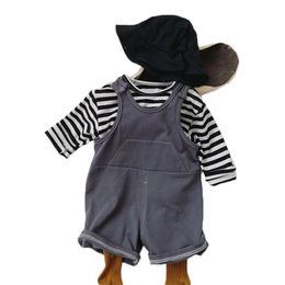 Spring Kids Overalls And Striped T Shirts Set 2pcs Solid Baby Boys Overalls Set Baby Girls Outfits For Children Clothing 210413