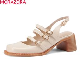 MORAZORA Summer High Quality Women Sandals Fashion Buckle Party Shoes Square Heels Sandals Black Apricot Color Ladies Shoes 210506