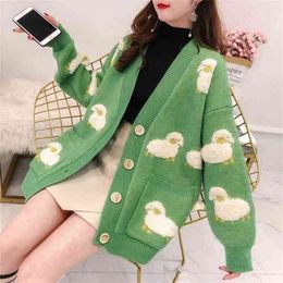 Plus Size Mid-length Slim Knit Sweater Female Button Pocket Decoration Cartoon Casual Cardigan Women Spring Autumn 210427