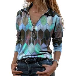 Vintage Long Sleeve Zipper V Neck Shirt Geometric Gradient Retro Blouse Lady Top Fashion Europe And America Clothing Wholesale Women's Blous