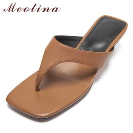 Meotina Flip Flops Real Leather Low Heel Shoes Women Slippers Square Toe Thin Heel Slides Female Summer Sandals Brown Yellow 210608