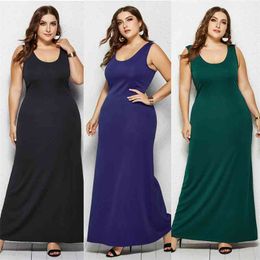 Large Size 5XL Summer Women Tank Dress Sexy Casual O Neck Sleeveless Slim Long Dress Loose Solid Beach Ladies Party A-line Dress 210715