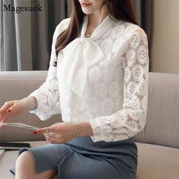 Autumn Bow Lace White Shirt Women Fashion Crocheted Hollow Floral Office Elegant Blouses Casual Slim Long Sleeve Top 11702 210512