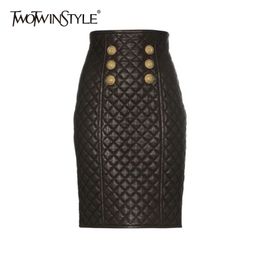 Gold Button Pu Leather Skirt For Women High Waist A Line Office Ladies Style Skirts Female Spring Fashion 210521