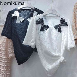 Nomikuma Lace Shirt Spring Summer Korean Bowknot Elegant Tee Tops Causal Short Sleeve V-neck Woman Graphic T Shirts 6G797 210427