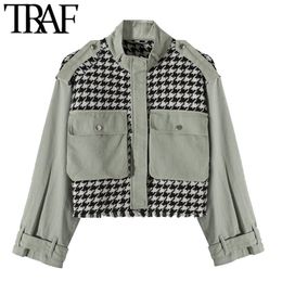 TRAF Women Fashion With Pockets Houndstooth Loose Jacket Coat Vintage Long Sleeve Frayed Hem Female Outerwear Chic Tops 210415