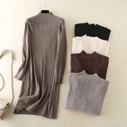 HLBCBG Chic Long Knit Maxi Women Sweater Dress Thick Warm Winter Pleated Dress Female Rib Turtleneck A Line Dress Office Lady 211206