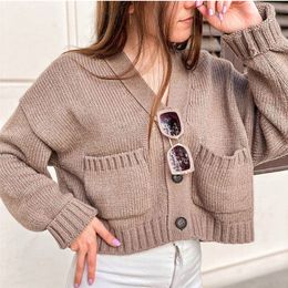 Sexy V-neck knitted Women Cardigan Casual Pocket button Long Sleeve Crop Sweater Elegant Autumn Ladies Tops 210430