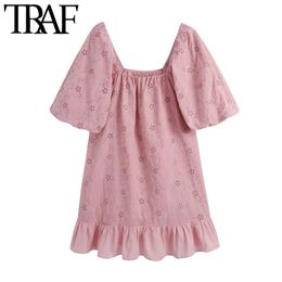 Women Chic Fashion Hollow Out Embroidery Ruffled Mini Dress Vintage Short Sleeve With Lining Female Dresses Mujer 210507