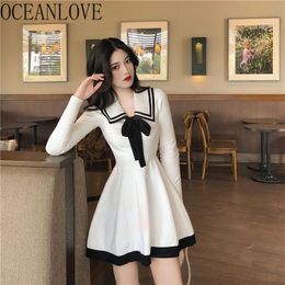 Woman Dress Knitted Vintage Sailor Bow Elegant Femme Robes Japan Style High Waist Vestidos Kawaii Ins 19451 210415