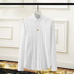 Embroidered Golden Bee Men's Shirt Long-sleeved Stand-up Collar Casual Shirt Slim Business Dress Shirts Social Party Tuxedo 210527