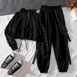 Sweatshirt Casual Two-piece Autumn Style Shorty Women High Waist Tooling Harem Pants Suit Female Short Tops Long Sleeves 210526