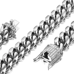 Chains Silver Colour Men Cuban Link Chain White 14mm Wide Stainless Steel Curb Necklace Or Bracelet With Diamond Choker 7.5-30"