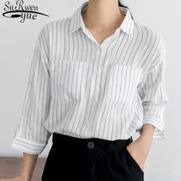 Korean Fashion Clothing Blusas Mujer De Moda Casual Striped Ladies Three-quarter Office Blouse Women 5250 50 210521