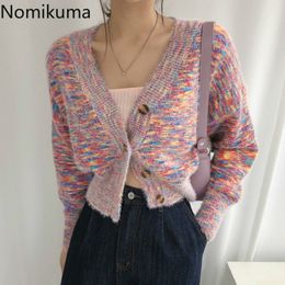 Nomikuma Contrast Colour Cropped Cardigan Women V Neck Long Sleeve Korean Chic Sweet Sweater Single Breasted Vintage Tops 3d523 210514