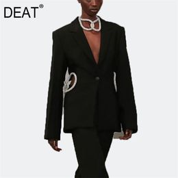 DEAT Notched High Waist Full Sleeves Hole Drawstring Slim Black jacket Female Top Autumn And Fashion YJ90801 211109