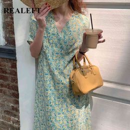 Summer Elegant Beach Floral Printed Women's Long Dresses Short Sleeve V-Neck Straight Female A-Line Dress 210428