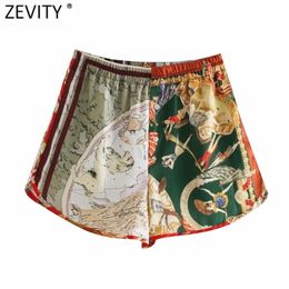 Zevity Women Vintage Totem Chain Patchwork Print Summer Shorts Ladies Streetwear Chic Elastic Waist Satin Pantalone Cortos P1000 210714