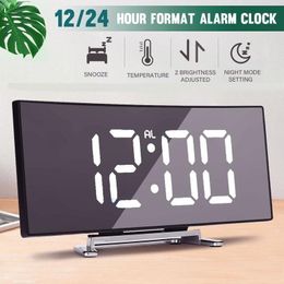Led Alarm Clock Digital Child Electronic s Curved Screen Mirror Temperature with Sze Function Desk 220311