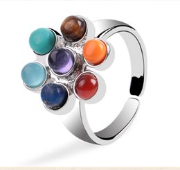 7 Chakras Beads Ring for Women Vintage Silver Plated Yoga Tiger Eyes Stone Adjustable Open Rings Boho Ethnic Jewelry Gift