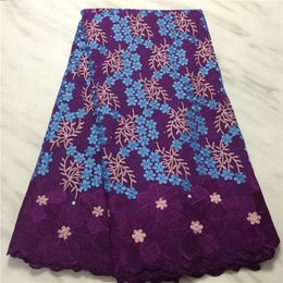 5Yards/Lot Wonderful Purple African Cotton Fabric Flower Embroidery Swiss Voile Dry Lace For Dressing PL11452