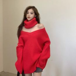 Women Cowl Neck Long Sleeve Fashion Red Bllue Sweaters Oversized Catwalk Pullover Jumper Women's
