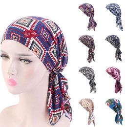 Beanie/Skull Caps Muslim Women Soft Turban Hat Pre-Tied Head Scarf Printed Ladiess Cotton Cap Inner Hijabs Hair Accessories