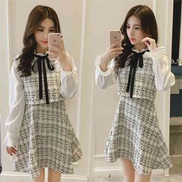 Spring Autumn Women's Dress Korean Style Splicing Fake Two-piece Casual Thin Long Sleeve Short Female es GX782 210507