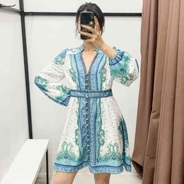 female lantern sleeve vestidos chic dresses Summer women vintage position totem flower print court shirt dress 210510