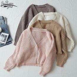 Solid Colour One Buckle Women's Cardigan Coarse Wool Short Sweater Long Sleeve Thicken Female Chic Top 11641 210427