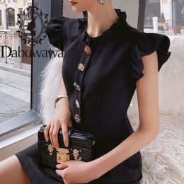 Dabuwawa Exclusive Vintage Black Summer Dress Women Sleeveless Single Breasted A-Line Ruffle Neck Elegant Dress Ladies DO1BDR003 210520