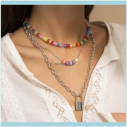 & Pendants Pendant Necklaces Bohemia Mtilayer Colorf Transparent Beaded Letter Choker Necklace For Woman Fashion Geometric Lock Chain Jewelr